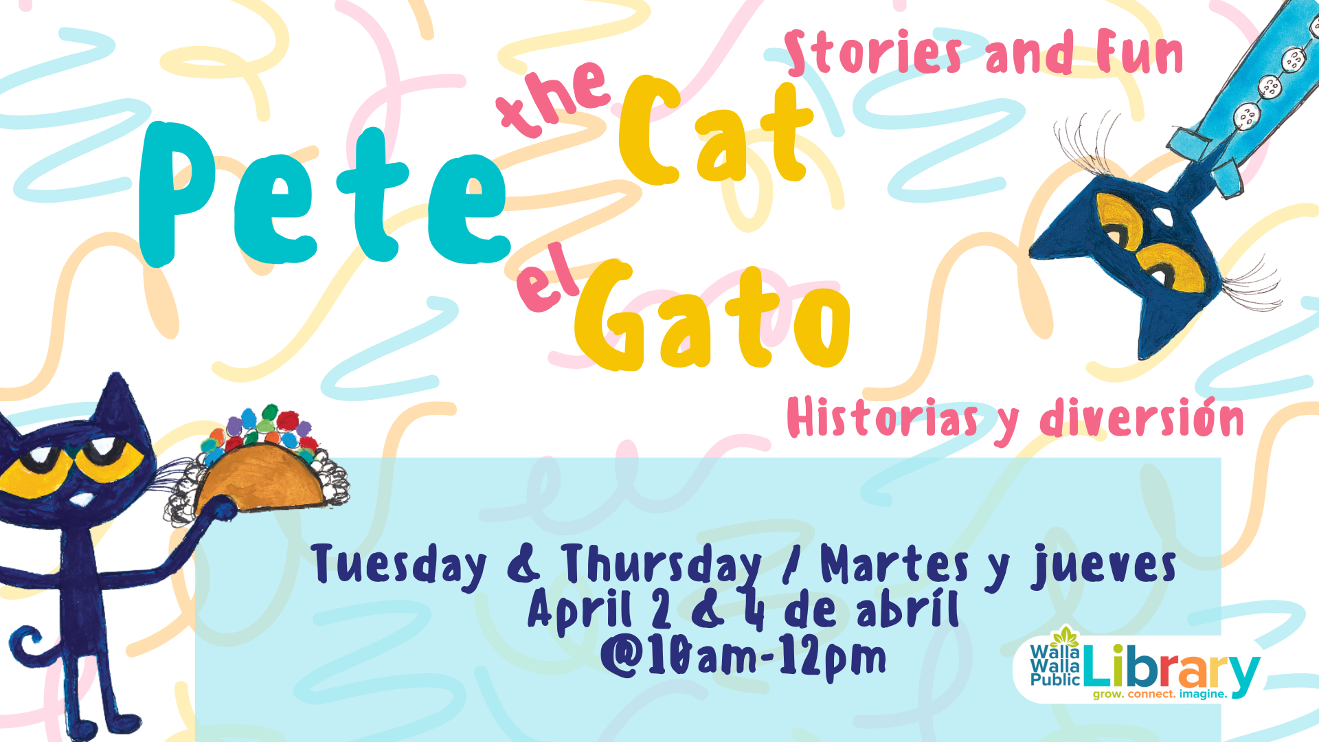 2024 April 2 & 4 Pete the Cat bilingual storytime flyer